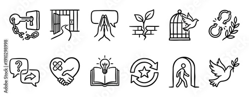 Hand-drawn minimalist icon set illustrating concepts of freedom, peace, and hope with symbols like a dove, open prison door, broken chains, and a sprout growing through a crack