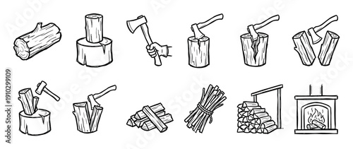 Set of black and white firewood icons showing the process of chopping wood with an axe, from a single log to a burning fireplace, in a hand-drawn doodle illustration style