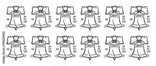Repeating pattern of hand-drawn Liberty Bells with cracks, shown as ringing slot machine symbols with multiplier numbers in a black and white line art illustration style