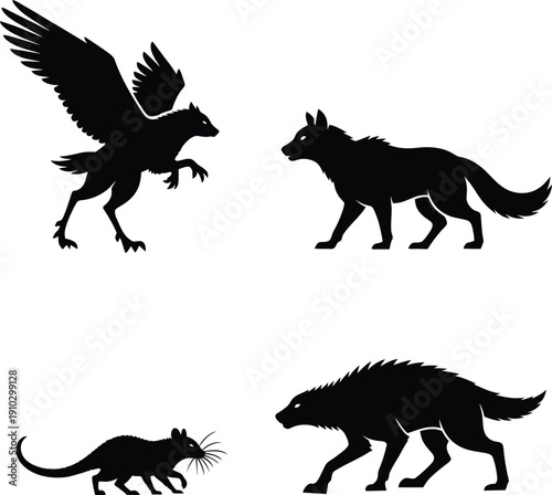Silhouette collection of wild animals featuring a winged wolf flying eagle a walking hyena and a desert rat illustration.