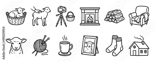 Set of black and white line art icons featuring a cozy home theme with a lamb, fireplace, yarn, and armchair in a simple hand-drawn doodle style for rustic design