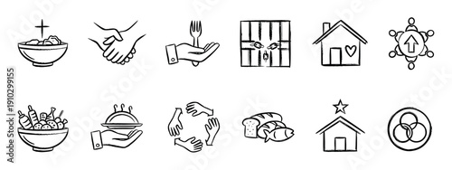 Collection of twelve hand-drawn icons representing charity, community, faith, and social support concepts like food aid, shelter, and unity in a simple sketch style