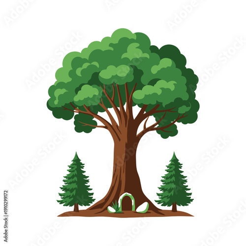 Large green tree with evergreen saplings and den entrance