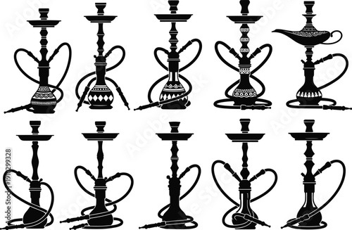 Set of black hookah silhouette vector icons isolated on white background, traditional  pipes with hoses and decorative patterns for smoking lounge and cafe  