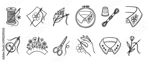 Collection of detailed black and white embroidery and sewing icons, depicting various tools, techniques, and floral designs in a charming hand-drawn style with clear outlines
