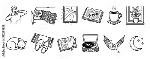 Collection of cozy home leisure icons depicting various relaxing activities and objects, rendered in a clean, hand-drawn black and white line art style