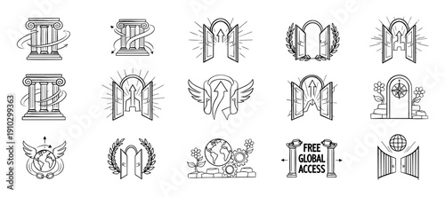 Collection of hand-drawn line art icons depicting various symbolic concepts of global access, freedom, opportunity, progress, and connection in a simple, illustrative, and conceptual style