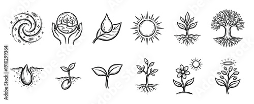 Collection of hand-drawn nature ecology symbols representing growth, life, and environmental sustainability, depicted in a clean black and white line art style