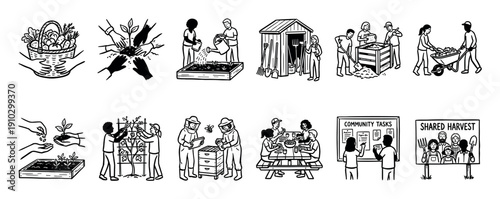This collection of black and white line art illustrations depicts diverse community gardening activities, showcasing planting, harvesting, composting, beekeeping, and shared meals