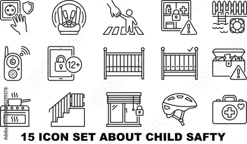 Child safety icons set with various symbols for protection and security measures  safety icons for kids and parents