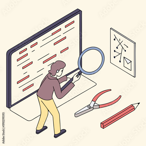 Debugging process illustrated with a magnifying glass examining code and symbols, representing bug fixing and software development.