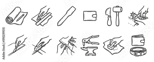 Detailed set of leather crafting tools and processes is depicted in this hand-drawn collection of icons, showcasing the steps involved in artisanal leatherwork