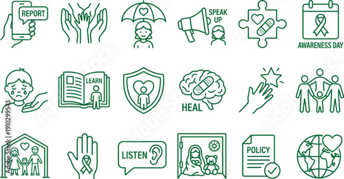 Green line icons for social issues and awareness campaigns including report speak up heal learn protect listen and support concepts  various symbols for health and help