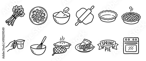 Collection of hand-drawn baking icons illustrating the process of making a delicious spring pie, from fresh ingredients to the finished dessert
