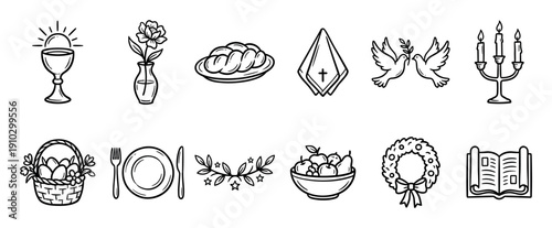 Collection of twelve hand-drawn religious and festive icons, including a chalice, bread, doves, candles, Easter basket, and open Bible, rendered in a simple, clean black and white line art style