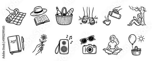 Collection of hand-drawn black and white line art icons depicting various outdoor leisure activities, relaxation, and summer elements with a charming, simple doodle style