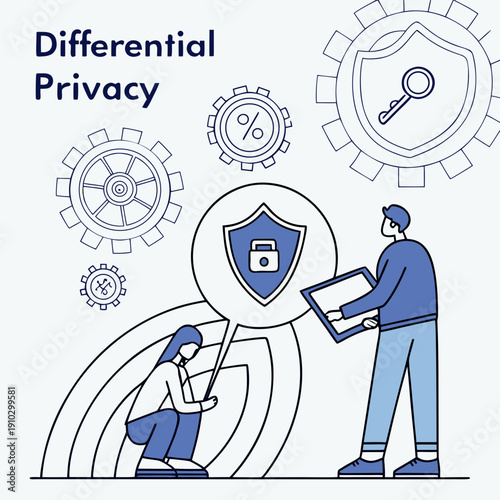 Fotografia Abstract visualization of differential privacy, depicting protected data flow and secure information sharing in a technological context