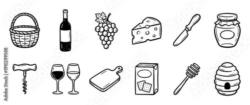 Collection of hand-drawn picnic and food icons, including wine, cheese, grapes, honey, and a basket, rendered in a charming doodle style