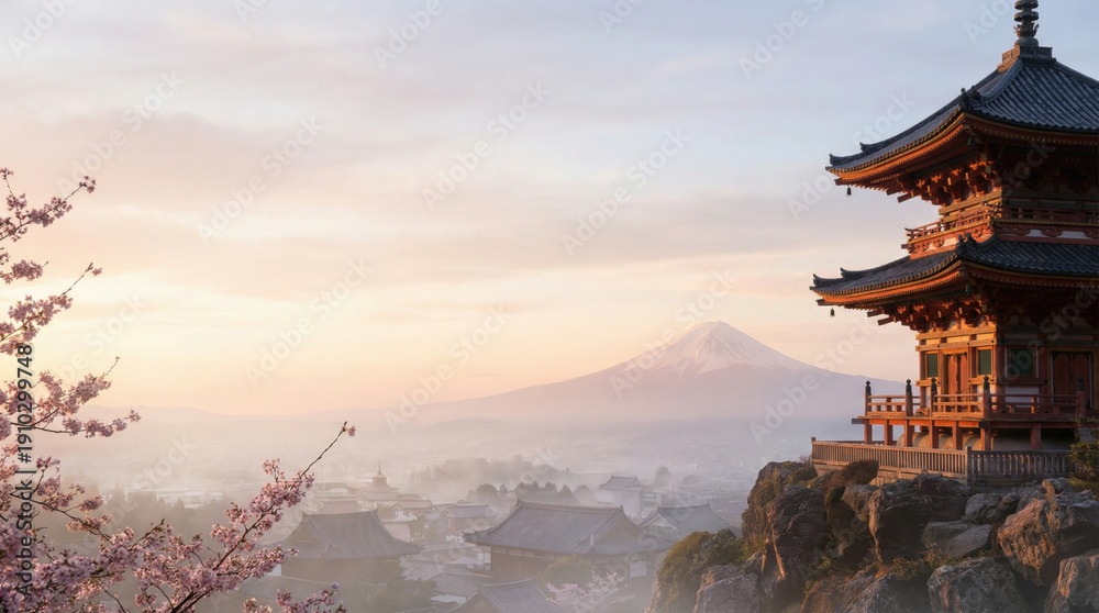 Fototapeta premium Cherry blossoms bloom near a temple with Mount Fuji, created AI