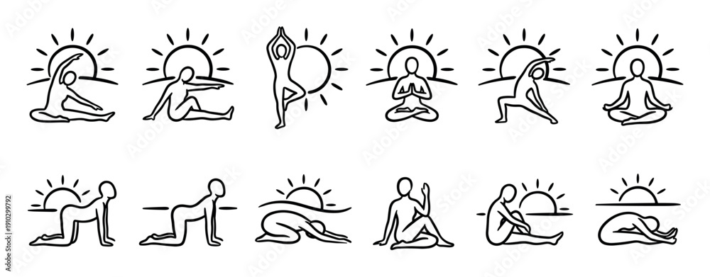 Fototapeta Minimalist black line art yoga poses with sun symbols illustrate various wellness and meditation practices in a clean, modern icon collection