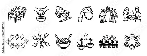 Collection of black and white line art icons depicting various aspects of dining, sharing meals, and community gatherings, presented in a simple, hand-drawn style