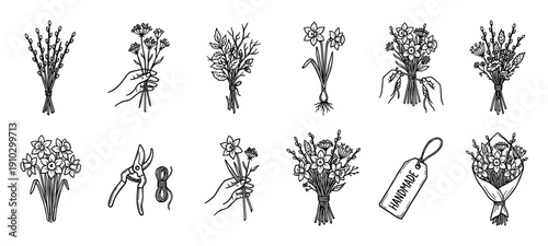 Collection of hand-drawn floral bouquets and gardening elements features various spring flowers, pussy willow branches, pruning shears, and a 'handmade' tag, depicted in a charming doodle style
