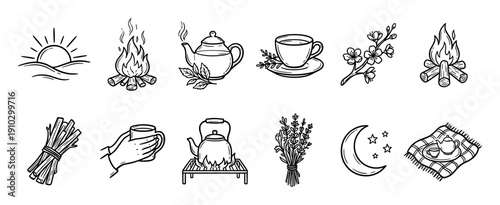 Collection of hand-drawn line art icons depicting various camping, nature, and cozy relaxation elements, presented in a simple, monochrome doodle style