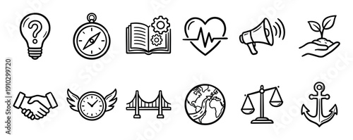 Collection of diverse black outline icons representing concepts of business, education, environment, and justice, presented in a clean, modern, and illustrative style