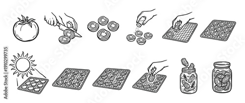 Detailed black and white line art illustrates the step-by-step process of making sun-dried tomatoes, showing slicing, salting, sun-drying on racks, and preserving in a jar