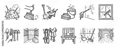 Collection of hand-drawn cleaning and maintenance icons depicting various household chores, stable work, and tool organization in a simple, illustrative, black and white doodle style