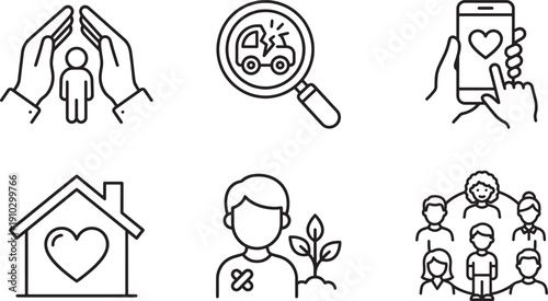 Care, Protection and Community Support Line Icons Set – Health, Safety, Mobile Help Vector Collection