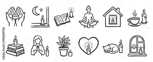 Collection of hand-drawn black and white icons featuring various candles in peaceful, comforting, and spiritual settings, rendered in a simple doodle style