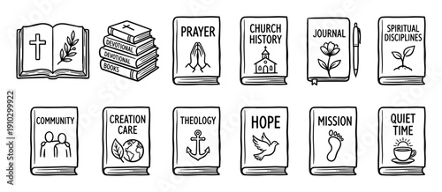 Collection of hand-drawn Christian books and icons representing various spiritual concepts like prayer, theology, community, and mission in a simple black and white doodle style illustration set