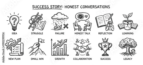 Set of hand-drawn icons illustrating the journey to success through honest conversations, from idea and struggle to growth, collaboration, and legacy in a sketch doodle style
