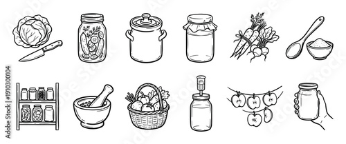 Set of hand-drawn food preservation icons showing canning jars, pickled cucumbers, fresh vegetables, a fermentation crock, and kitchen tools in a black and white line art style