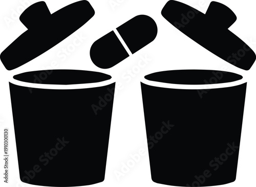 Two black trash cans with open lids and a capsule on white background garbage bin waste bin