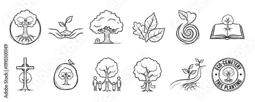 Set of hand-drawn sketch icons representing eco-cemetery concepts, tree planting memorials, green funerals, and the cycle of life, featuring roots, family, and nature symbols