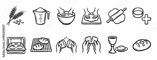 Set of hand-drawn black icons showing the process of baking bread for Christian communion, from wheat and flour to kneading dough, baking, and breaking the holy loaf with a chalice