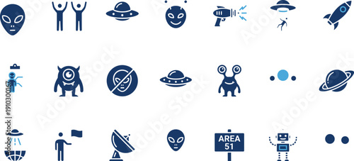 Alien icons, UFO, space, rocket, planet, satellite, Area 51, ray gun, robot, abduction, sci-fi, galaxy, mystery