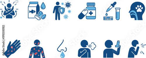 Allergy icons, medical symptoms, immune response graphics, allergen triggers, treatment visuals, healthcare design, diagnostic symbols, vector set, blue style