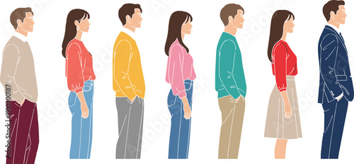 Diverse group of young people standing in line side view minimalist vector illustration of men and women waiting in queue
