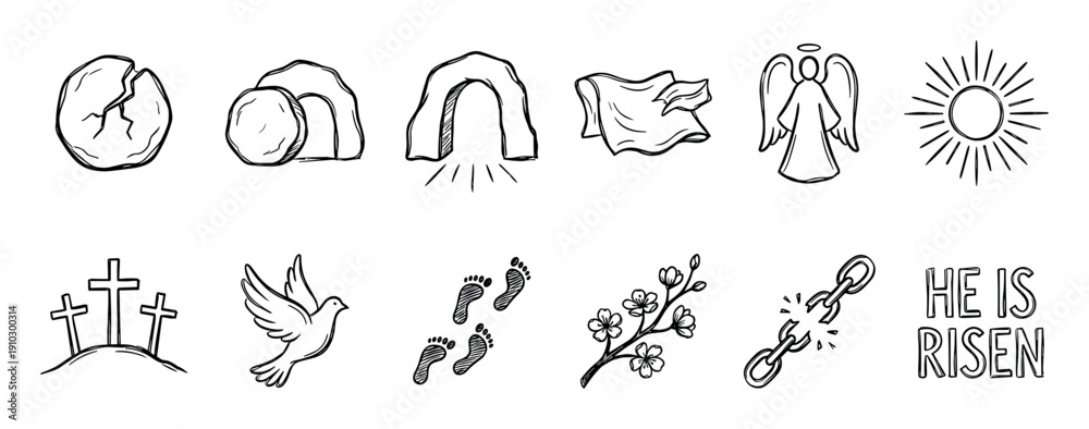 Obraz premium Set of hand-drawn Christian resurrection icons including the empty tomb, angel, crosses, and dove in a simple black and white doodle style for the Easter holiday celebration