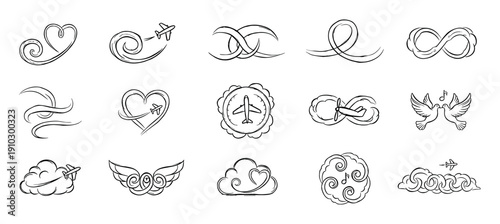 Collection of hand-drawn love and travel icons featuring airplanes, hearts, clouds, and wings in a romantic sketch style for wedding or honeymoon themes