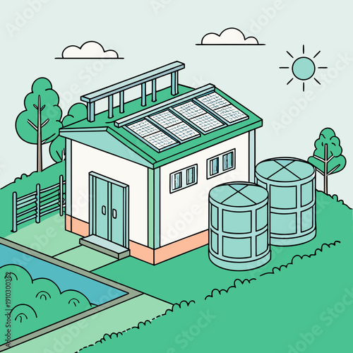 Eco-friendly desalination plant concept using renewable energy for sustainable water purification, future technology.