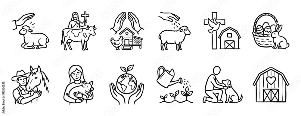 Fototapeta premium Hand-drawn black and white line art icons representing farming, animal care, environmentalism, and Christian faith concepts like Easter and blessings in a simple sketch style