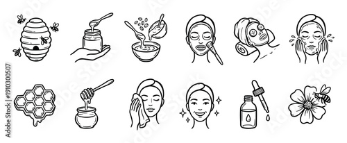 Hand-drawn skincare and natural beauty icons set illustrating a self-care routine with honey, coffee, and serum for a complete facial treatment