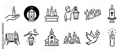 Hand-drawn religious Christian icon set with candles, a church, a dove, and people praying in a simple black line art doodle style for faith and spiritual concepts