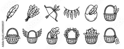 Collection of hand-drawn boho style icons featuring feathers, wicker baskets, a bow, and an arrow in a simple black and white line art doodle illustration set for design