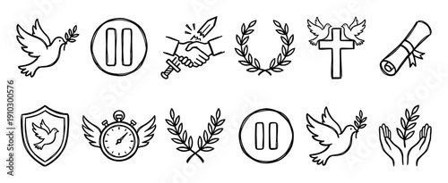 Collection of hand-drawn black line art icons representing peace, truce, and agreement, featuring symbols like a dove with an olive branch, pause button, broken sword, and laurel wreath