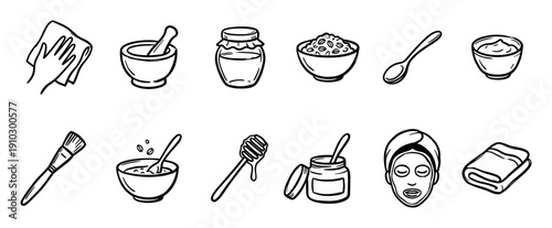 Set of hand-drawn skincare icons for homemade beauty treatments, featuring a face mask, honey, oats, mortar, and cosmetic brush in a simple black and white doodle illustration style